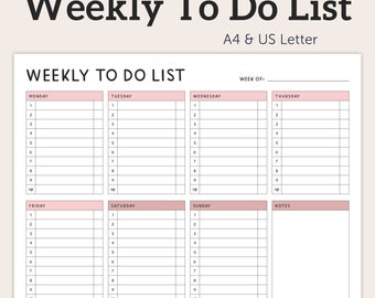 Puede incluir: Una plantilla de lista de tareas semanal imprimible en tamaños A4 y US Letter. La plantilla está dividida en siete días de la semana, con espacio para diez tareas por día. También hay una sección de notas.