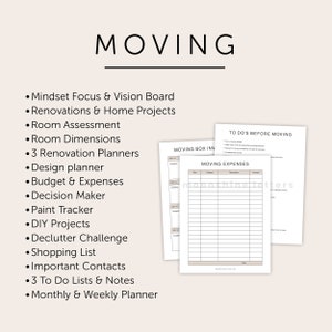 May include: A printable moving checklist with a list of tasks to do before moving, a moving box inventory checklist, and a moving expenses budget tracker. The checklist includes tasks such as setting a moving budget, researching moving companies, and getting quotes.