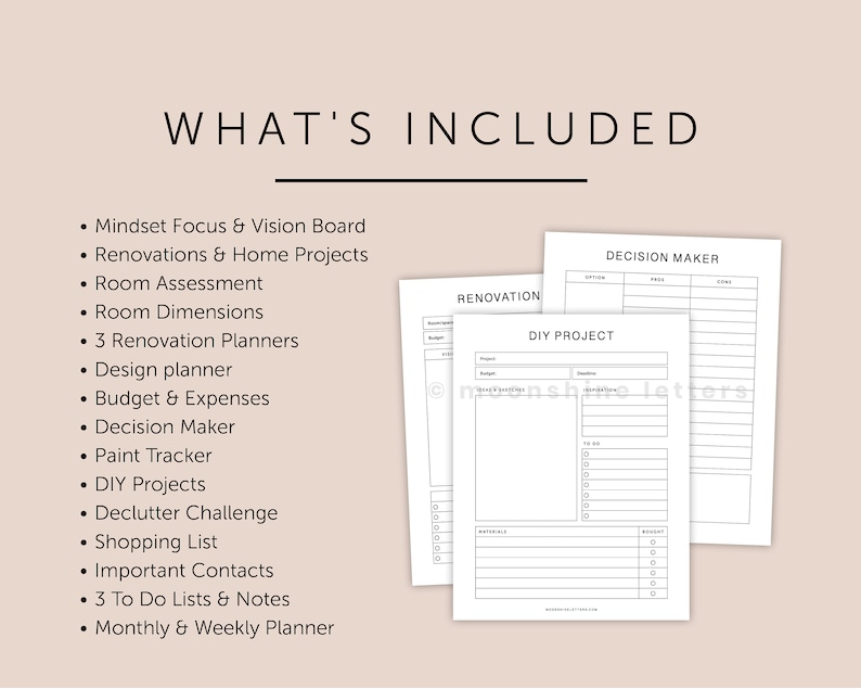 Home Renovation Planner Printable, Home Remodel Planner, Black & White