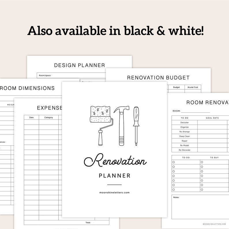 May include: Black and white printable renovation planner with sections for room dimensions, expense tracking, to-do lists, and a renovation budget. The planner features a paint roller, hammer, and screwdriver.