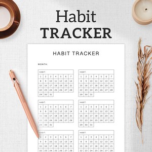 May include: A printable habit tracker with four calendar grids. Each grid has the numbers 1 through 31, representing the days of the month. The word "Habit" is at the top of each grid. The word "Month" is at the top of the page.