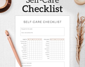May include: A printable self-care checklist with a weekly review section. The checklist includes habits like getting enough sleep, showering, hydrating, and meditating. It also includes feelings like happy, excited, relaxed, loved, motivated, angry, stressed, irritable, tired, and sad. The checklist is designed to help people track their self-care habits and feelings.