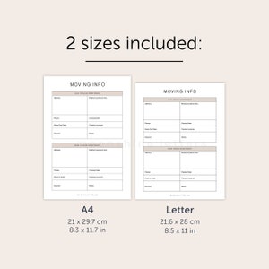May include: Two printable moving checklists in A4 (8.3 x 11.7 inches) and Letter (8.5 x 11 inches) sizes. Each checklist includes sections for old and new house/apartment information, including address, phone, move-out/in dates, closing date, closing location, deposit, and notes.