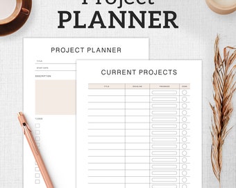May include: A printable project planner with a white background and black text. The planner includes sections for title, start date, description, tasks, current projects, deadline, progress, and done. There are checkboxes next to each task and project.