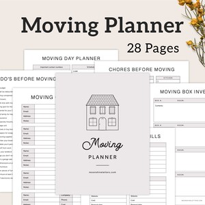 May include: A black and white printable moving planner with 28 pages. The planner includes sections for moving day, chores before moving, moving box inventory, and bills. The cover features a simple house illustration and the text "Moving Planner".