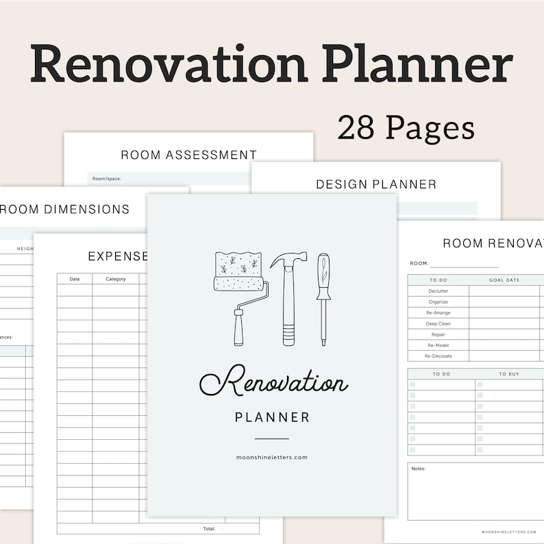 May include: A printable renovation planner with 28 pages. The cover features a paint roller, hammer, and screwdriver, along with the text "Renovation Planner".