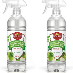 2 X 750ml Biotree, Extra Strong 8% Distilled White Vinegar Multi-purpose Cleaner With Green Apple and Citrus Scent Green Apple (2 Pack)