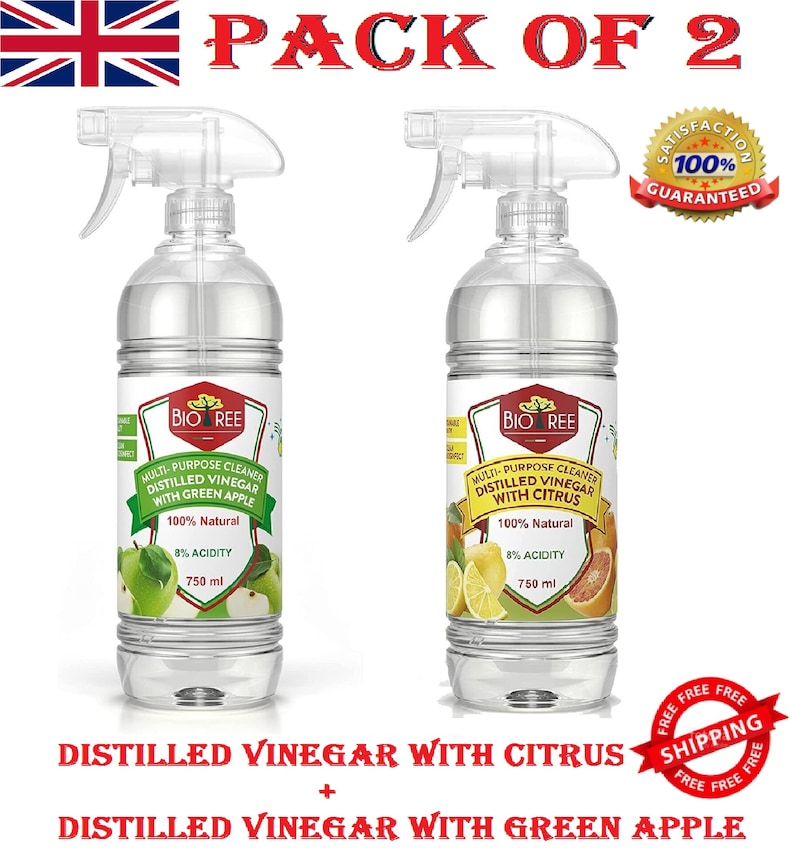 2 X 750ml Biotree, Extra Strong 8% Distilled White Vinegar Multi-purpose Cleaner With Green Apple and Citrus Scent Green Apple & Citrus