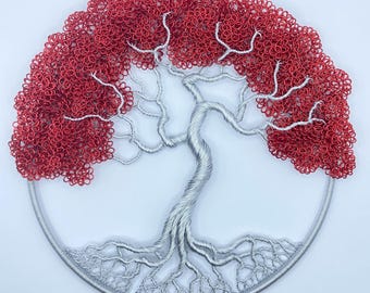 Handmade 8 inch Wire Tree of Life | Red and Silver | Wire Sculpture | Wire Art