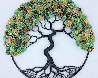 Handmade 10 inch Wire Tree of Life | Greens, Orange & Black | Wire Sculpture | Wire Art