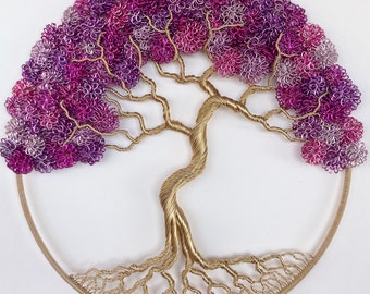 Handmade 10 inch Wire Tree of Life | Pinks, Purples and Champagne Gold | Wire Sculpture | Wire Art