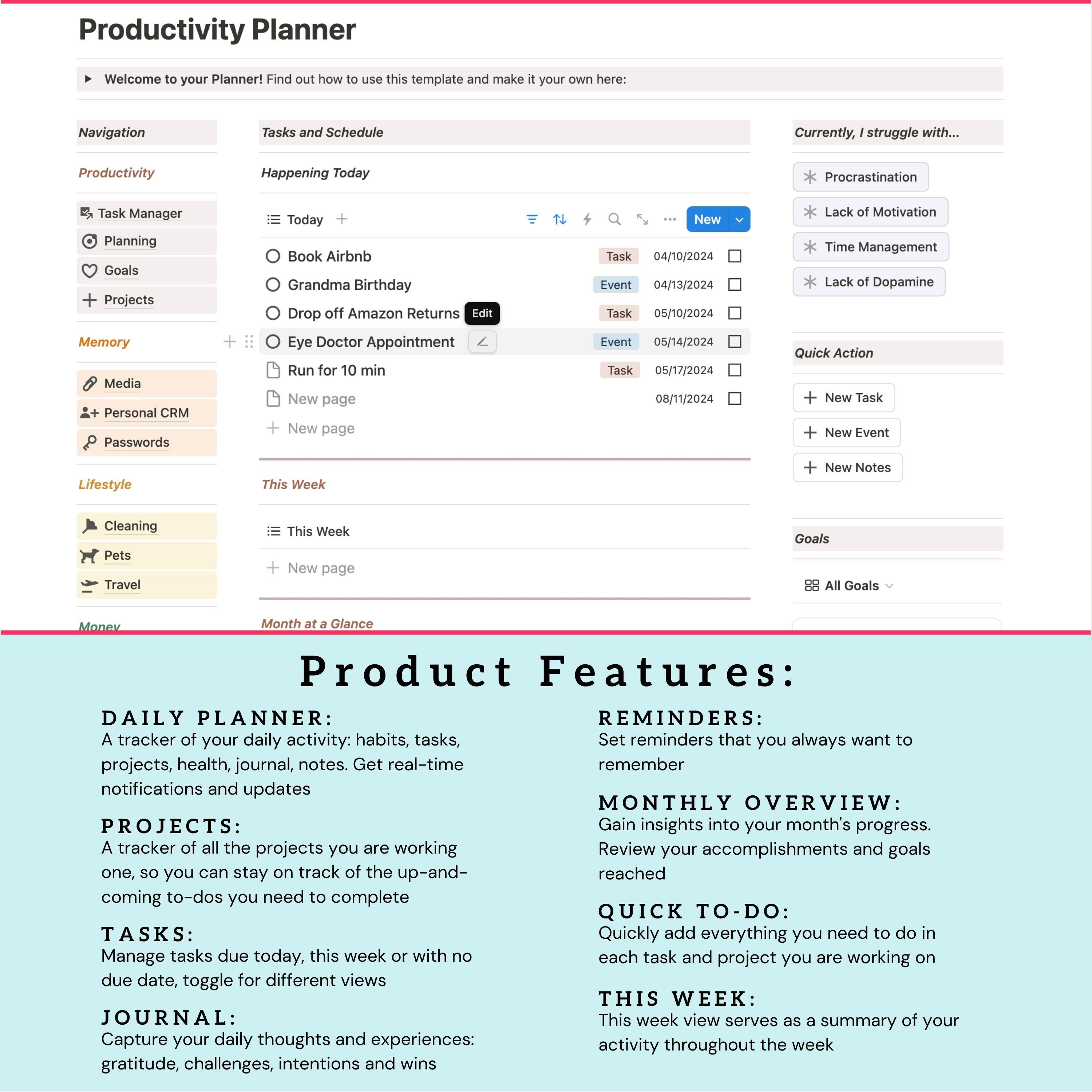 Productivity Planner Notion Template, Work & Business Productivity