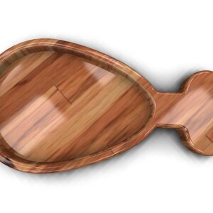 K&ouml;nnte beinhalten: Eine Servierplatte aus Holz in Form eines H&auml;hnchenschenkels. Die Platte ist aus hellbraunem Holz mit einer glatten Oberfl&auml;che.