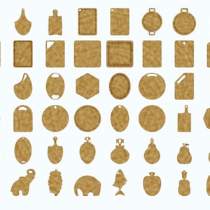 May include: A set of 48 wooden cutting boards in various shapes and sizes, including round, oval, square, rectangular, and heart shapes. The boards are all made of natural wood and have a light brown color.