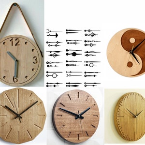 May include: A collection of wooden clock faces with different designs. The clock faces are all round and have a variety of styles, including a simple design with Roman numerals, a design with a yin-yang symbol, and a design with a more intricate pattern. The clock faces are all made of wood and have a natural finish.