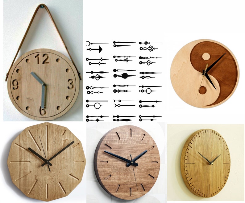 May include: A collection of wooden clock faces with different designs. The clock faces are all round and have a variety of styles, including a simple design with Roman numerals, a design with a yin-yang symbol, and a design with a more intricate pattern. The clock faces are all made of wood and have a natural finish.