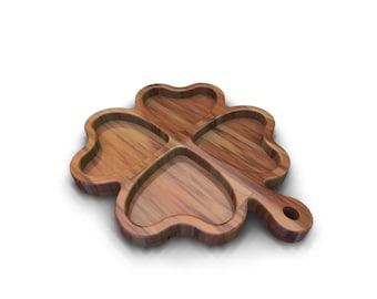 May include: A wooden serving tray shaped like a four-leaf clover with four separate compartments. The tray is made of light brown wood with a natural grain pattern.