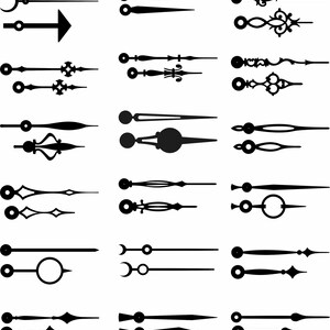 May include: A set of 18 black clock hands in various styles, including arrow, crescent moon, and ornate designs. The hands are isolated on a white background.