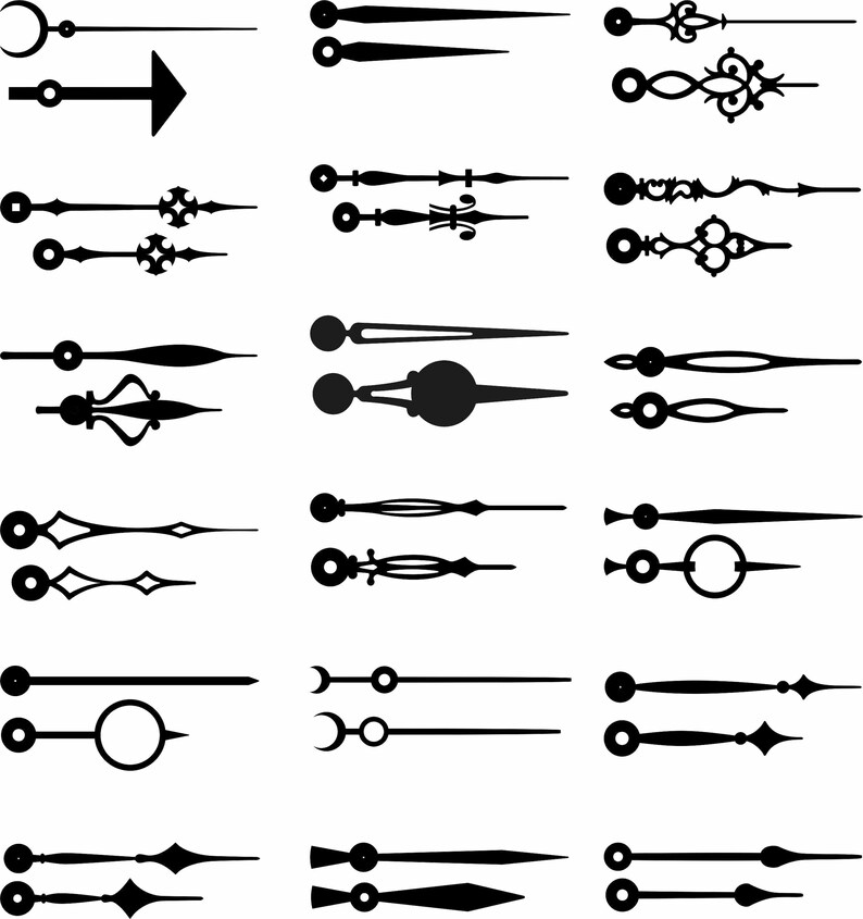 May include: A set of 18 black clock hands in various styles, including arrow, crescent moon, and ornate designs. The hands are isolated on a white background.