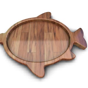 K&ouml;nnte beinhalten: Ein Serviertablett aus Holz in Fischform. Das Tablett ist aus hellbraunem Holz mit nat&uuml;rlicher Maserung. Es hat eine runde Mitte und einen erh&ouml;hten Rand.