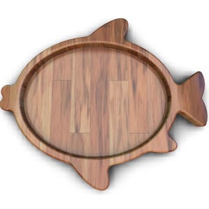 K&ouml;nnte beinhalten: Ein Serviertablett aus Holz in Fischform. Das Tablett ist aus hellbraunem Holz mit nat&uuml;rlicher Maserung.