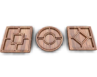Serveringsfatfiler 3i1, serveringsbricka, fackform, CNC-fil för trä, Matsnacksbricka, ostbricka, Vektorplan, SVG, CNC-fil