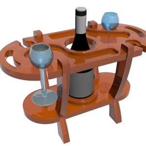 Puede incluir: Un estante de vino de madera con dos estantes, una botella de vino y dos copas de vino. El estante es marr&oacute;n y tiene un dise&ntilde;o curvo. La botella de vino es verde oscuro y las copas son transparentes.