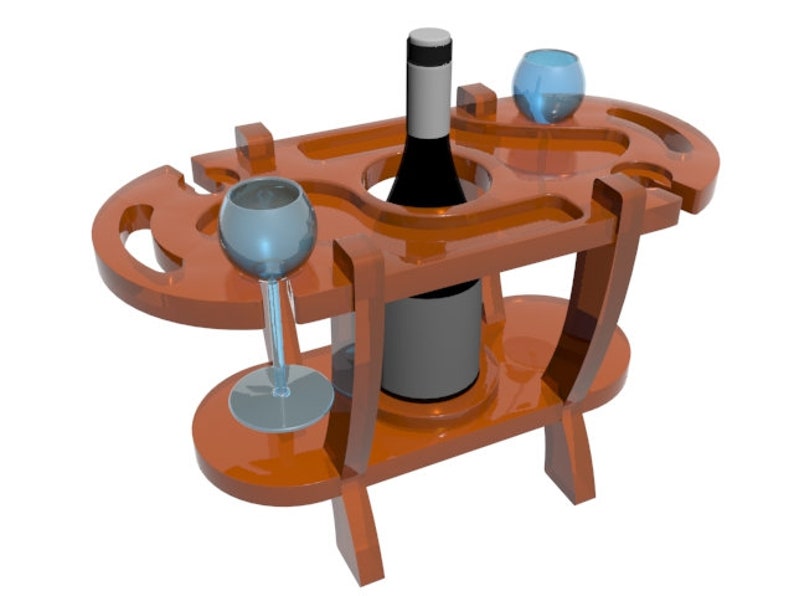Puede incluir: Un estante de vino de madera con dos estantes, una botella de vino y dos copas de vino. El estante es marr&oacute;n y tiene un dise&ntilde;o curvo. La botella de vino es verde oscuro y las copas son transparentes.