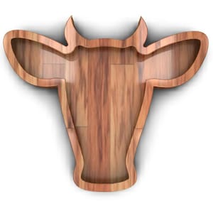 K&ouml;nnte beinhalten: Holzregal in Kuhform mit nat&uuml;rlicher Holzoptik. Das Regal ist hohl und hat eine Holzmaserung.