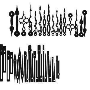 May include: A set of black clock hands in various styles and sizes. The set includes both hour and minute hands, as well as a variety of decorative hands.