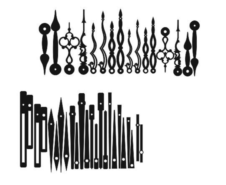 May include: A set of black clock hands in various styles and sizes. The set includes both hour and minute hands, as well as a variety of decorative hands.