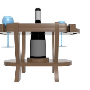 Puede incluir: Una mesa de vino de madera marr&oacute;n con dos portavasos y un porta botellas. La mesa tiene una tapa redonda y dos estantes. La mesa est&aacute; hecha de madera y tiene un acabado natural.