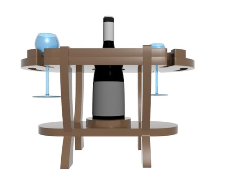 Puede incluir: Una mesa de vino de madera marr&oacute;n con dos portavasos y un porta botellas. La mesa tiene una tapa redonda y dos estantes. La mesa est&aacute; hecha de madera y tiene un acabado natural.