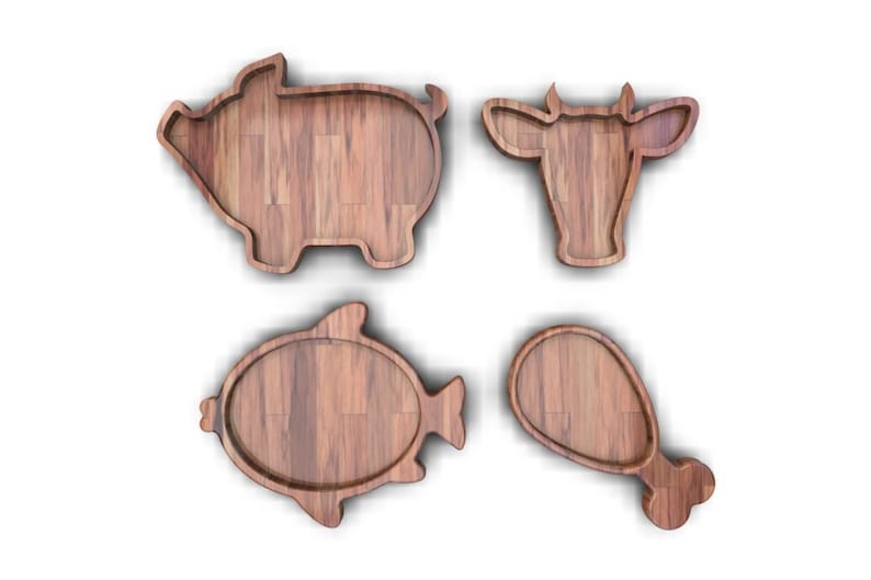 K&ouml;nnte beinhalten: Vier Serviertabletts aus Holz in Form eines Schweins, einer Kuh, eines Fisches und eines H&auml;hnchenschenkels. Die Tabletts sind aus hellbraunem Holz gefertigt und haben eine nat&uuml;rliche Holzmaserung.