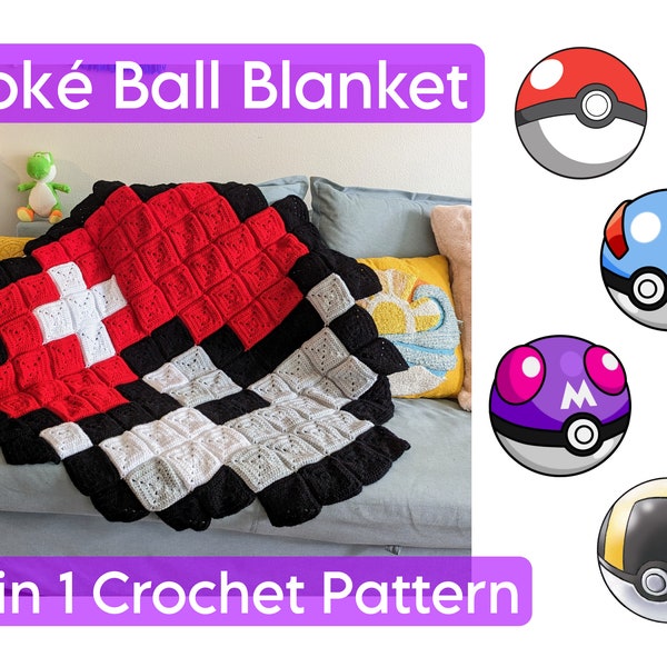Pokemon Poke Ball Blanket Crochet Pattern | Great Ball, Ultra Ball, and Master Ball included | Beginner Friendly crochet pattern