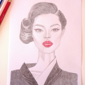 Pencil drawing - Asian woman with red lips: sensual and elegant art.