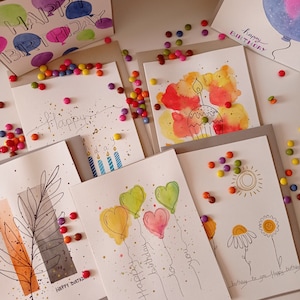 Wenskaarten | Gelukkige verjaardagskaart | Set van 3 kaarten | Handgeschilderde aquarel | Kaarten met bruine binnenkant | Envelop inbegrepen.