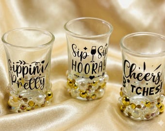 Set of 3 Bling Shot Glasses, Sassy Bachelorette Party Favor, Rhinestone Pearl Embellished