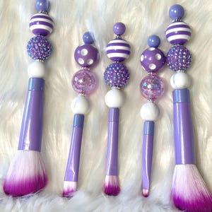 Set of 5 Purple Glam Makeup Brushes; Pink Bling Makeup Brushes; Lightweight; Travel Makeup Brushes