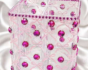 Coquette Pink Bow Clear Acrylic Spinning 4‑Section Organizer –4×4