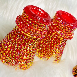 Red and Gold Bling Candle Holders - Set of Two,  One of a Kind Gift, Bedazzled Gift, Wedding Gift