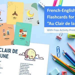French-English Bilingual Flashcards | "Au clair de la Lune" | For Montessori Preschool & Homeschool