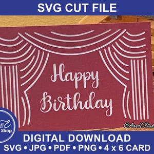 Tarjeta de cumpleaños - Feliz cumpleaños - Escenario de teatro con cortinas - Descarga digital - Archivos de imágenes y corte SVG - Tarjeta de papel recortado en capas ENVIO ADICIONAL