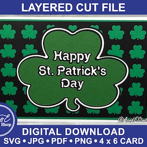 St Patrick&#39;s Day Card - Happy St Patrick&#39;s Day Shamrock Cutouts - Digital Download - SVG Cut & Image Files - Layered Papercut Card BONUS ENV