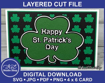 St Patrick's Day 3D Layered Papercut Card - Happy St Patrick's Day - Shamrock with Cutouts - SVG Cut & Image Files, BONUS ENV Download Only