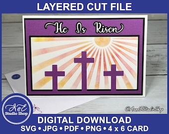 Easter 3D Layered Papercut Card - He Is Risen - Crosses and Sun Rays - SVG Cut & Image Files, BONUS ENV (Digital Download Only)