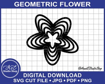 Può includere: Un design floreale geometrico in bianco e nero. L'immagine include il testo "GEOMETRIC FLOWER" in alto e "DIGITAL DOWNLOAD" in basso, insieme alle opzioni del tipo di file. Il design è un file di taglio digitale, ideale per progetti di artigianato.