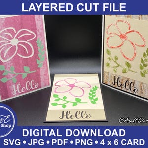 Tarjeta para cualquier ocasión: Hola, flor de plumeria con ramas. Solo descarga digital. Archivos de imágenes y cortes SVG. Tarjeta de papel recortado en capas. ENVÍO ADICIONAL