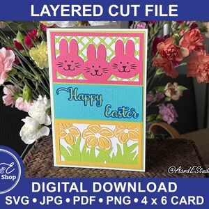 Carte de Pâques - Joyeuses Pâques - Lapins et fleurs avec treillis - Téléchargement numérique - Couper et images SVG - Carte Papercut en couches BONUS ENV
