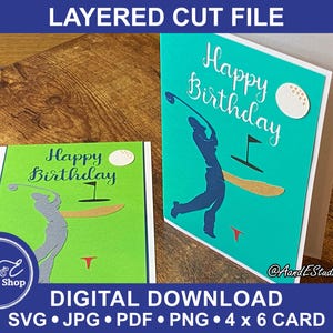 Verjaardagskaart - Proficiat met je verjaardag - golfer op golfbaan - alleen digitale download - SVG-snij- en afbeeldingsbestanden - gelaagde papercutkaart BONUS ENV